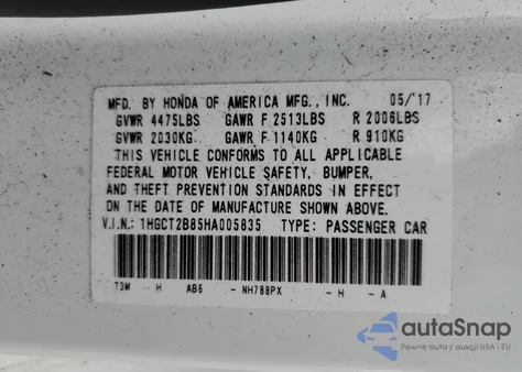 2017 Honda Accord Exl z USA, uszkodzony, nr VIN 1HGCT2B85HA005835